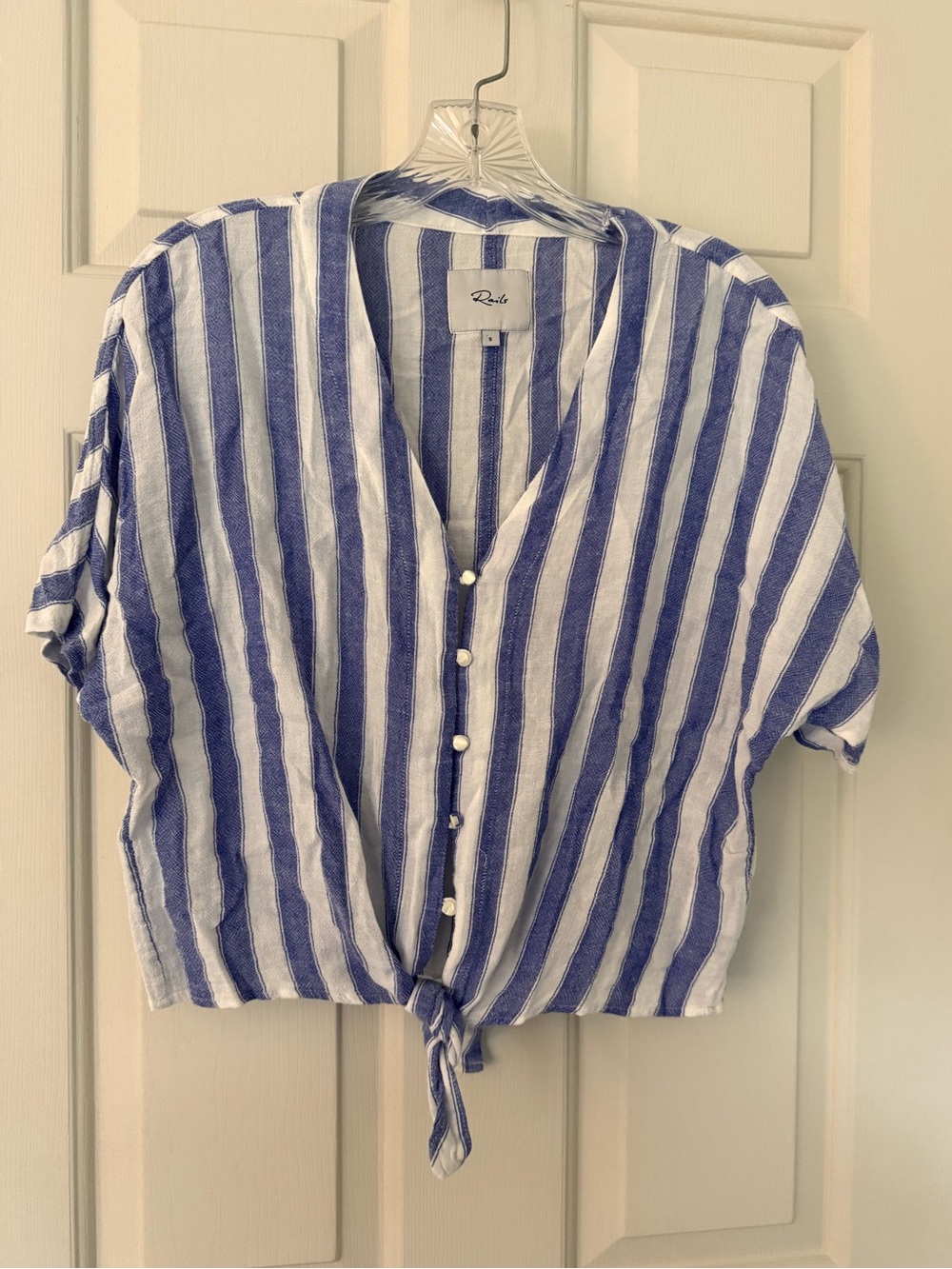 Rails Blue & White Vertical Stripe Button-Front Tie Hem Top